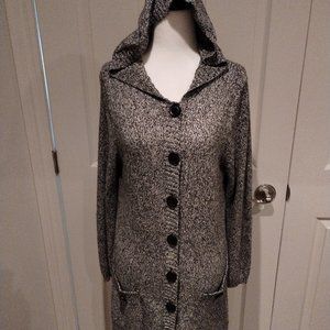 Designers Original Long Gray Cardigan Size Medium with Large Buttons and a Hood